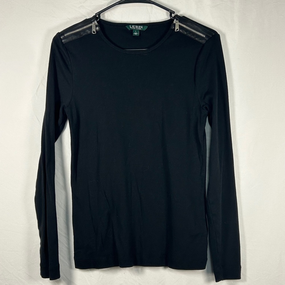 Lauren Ralph Lauren Top Womens Large Black Faux Leather Zipper Shoulder Long Slv